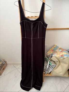 Black Contrast-Stitch Midi Dress